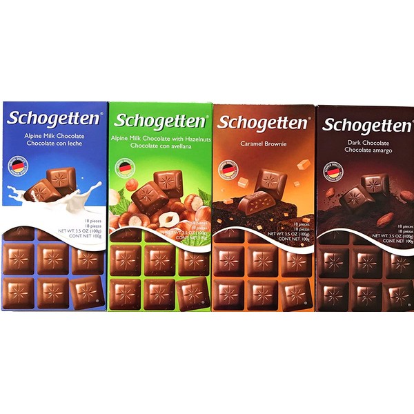 Schogetten German Chocolate Variety Pack Milk Chocolate, Caramel, Dark and Alpine Milk with Hazelnuts. Freshly imported from Europe (Bundle of 4)