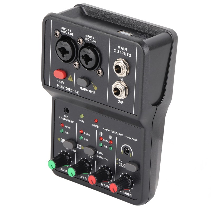 2 Channels Audio Mixer USB 48V Phantom Power Compact Sound