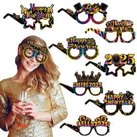 Ncozwo 8 Pcs Happy New Year Eyeglasses Photo Props 2025 Happy New Years Eve Glasses Wine Bottles Fireworks Hats Party Paper Glasses Photo Prop Happy New Year Party Favors Supplies Decorations
