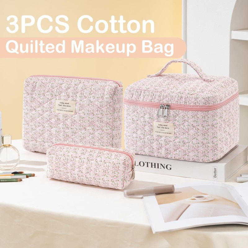 UUYUUY Makeup Bag for Women 3PCS Quilted Cotton Make Up