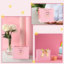 Yiran Birthday Gift Bag with Handles and Ribbon for 11 Year Old Gilrs Birthday Gift Wrapping, Happy 11th Birthday Gift Bag, Kids Teens Paper Gift Bags Pink and Gold Birthday Decorations Party Supplies