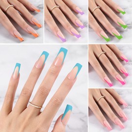 Jsiallye French Tip Press on Nails Long Squre-6 packs French Soft Tip Nails Gel Pre-shaped No File Need File 3 in 1 Tips,Soak Off Acrylic Fake Nails Extensions for Women Nail Art DIY 15 Sizes
