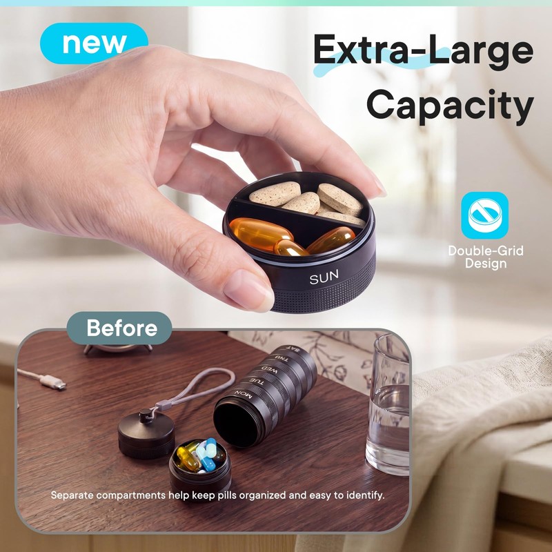 Weekly Metal Pill Organizer 2 Times a Day, Waterproof Travel