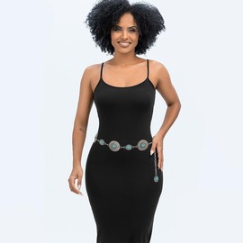 Navoky Turquoise Chain Belts Concho Belt Silver Metal Western Waist Chain Retro Boho Cowgirl Outfit Accessories for women - Size: S
