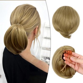 Wodelanle Hair Bun Hair Piece Short Ponytail Extension Drawstring Straight Hair Buns with Comb Bun Updo Fake Hair Piece for Women Fake Pony（Ash Blonde）