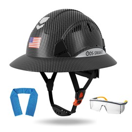 DS-SMAAT Full Brim Structure Hard Hat with Glasses and Cooling Towel Adjustable Ventilation Helmet 6 Point Hanging Cascos De Construccion Helmet for Men and Women (Black)