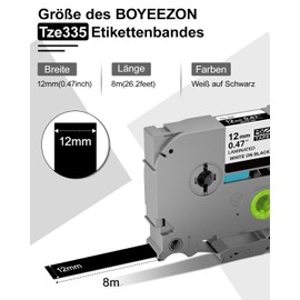 BOYEEZON TZe-335 Compatible Laminated Label Tape as Replacement for Brother P Touch Tapes TZ TZe335 12 mm Black Label Tape for PT-H107 H105 H110 H101C H100R 1005 D200 E110, White on Black, 6 Pack