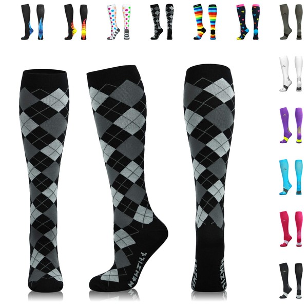NEWZILL Men & Women's Compression Socks for Athletic, Nurses, Shin Splints, Maternity & Flight Travel, Black Gray Argyle - Large (1 pair)