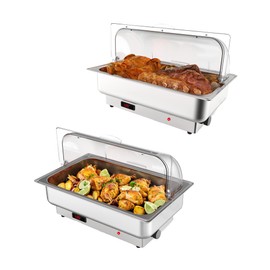 2 PACK Electric Chafing Dishes 9 QT Adjustable Temp Roll Top Food Warmer with Full Size Pan, Stainless Steel Buffet Servers and Warmers, Temp Display Food Warmer Transparent Lid Chafers for Parties