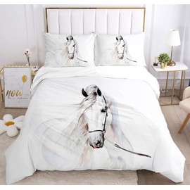 JEFFEL Horse Bed Linen Set 135 x 200 cm, Children's Bed Linen, Horse Motif 3D Animal Motif, Microfibre, Very Soft, Children's Bedding Set with Duvet Cover and Pillowcase (135 x 200 cm, Horse 1)