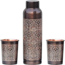 ANCIENTIMPEX Pure Copper Water Bottle with 2 Tumblers Set, Beautiful Floral Pattern Light House Shape For Ayurveda Health Benefits