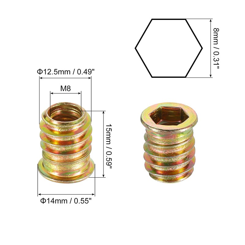 sourcing map Wood Furniture M8x15mm Threaded Insert Nuts Interface Hex
