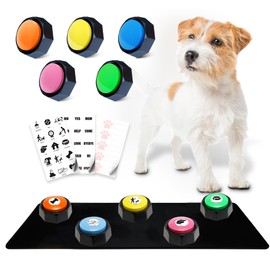 PENGHETM Dog Buttons for Communication + Anti-Slip Mat, 30s Recordable Pet Training Buttons Set with 45 Stickers & Magic Tape (ICats/Dogs/Office Games) (Orange/Yellow/Blue/Green/Pink, 3.58X1.44in)