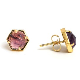Gempires Amethyst Hexagon Stud Earrings, Gold Plated Hypoallergenic Minimalist Jewelry, Healing Stone Gift for Her – Elegant Christmas Present