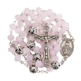 Nazareth Store 8mm Crystal & 10mm Alloy Mystery Prayer Beads Rosary Necklace St. Miraculous Medal and Catholic Cross (Pink Jade)