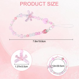 2 Pcs Beaded Phone Wrist Strap, Camera Charm Strap Strawberry Bow Pearl Beaded Phone Charms, Pink Aesthetic Cute Cell Y2K Keychain Bracelet Lanyard for Women
