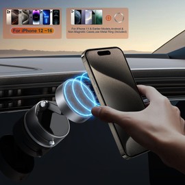 OOCC Vacuum Magnetic Phone Holders for Your Car, 360°Rotating Adjustable Magsafe Car Phone Mount, Foldable Magnetic Car Phone Holder for All Smartphones & All Car Models, Silver Grey
