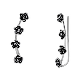 Silverly Sterling Silver Rose Flower Climber Earrings for Women - Gothic Ear Climbers - Boho Intricate Floral Jewellery - Dainty Elegant Solid 925 Silver Ear Crawlers - Birthday Gift for Daughter