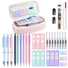 Nicpro 38PCS Aesthetic School Supplies, 12 Cute Mechanical Pencils 0.5 & 0.7 & 0.9 & 2.0 mm with 18 Tubes Lead Refills, Pastel Mechanical Pencil Set for Women Girls Writing Drawing Drafting- Pink Case
