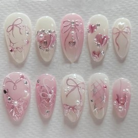 CEWEWP Bow Press on Nails Medium Almond Fake Nails with Pearl 3D Heart Rhinestones Designs Full Cover Acrylic Pink Gradient Glue on Nails Star Artificial Stick on Nails for Women Manicure 24Pcs
