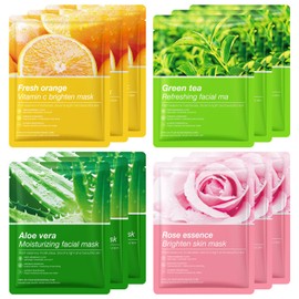 12 Pack Face Masks Skincare (Aloe, Green Tea, Vitamin C, Rose), Aloe Face Mask, Hydrating Face Masks, Soothing Face Mask, Face Sheet Mask for All Skin Types, Calming, Smoothing, Brightening, Moisturizing
