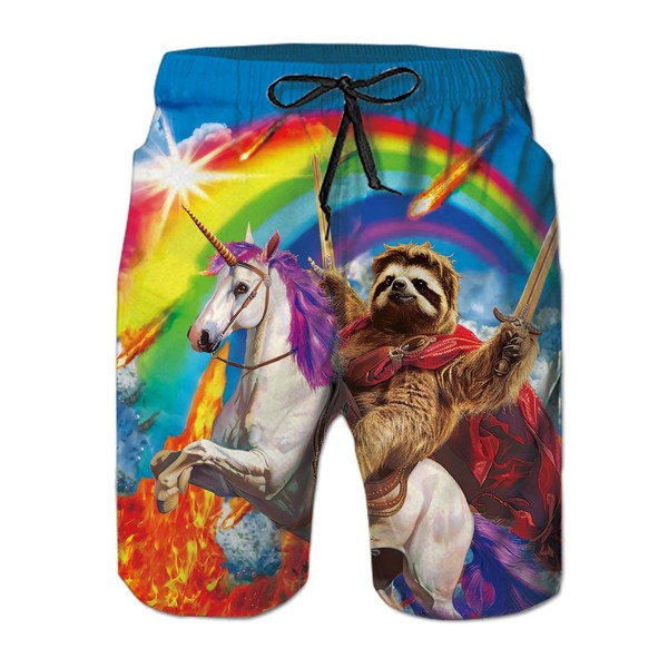 uideazone Men's Beachwear Shorts Cool Rainbow Unicorn with Sloth Printed