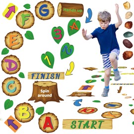 115 Pieces Alphabet and Number DIY Hopscotch Education Floor Decal Jungle Hopping Game Wooden Logs Decals Hopscotch Game for Baby Kids Room Nursery Classroom Play Room