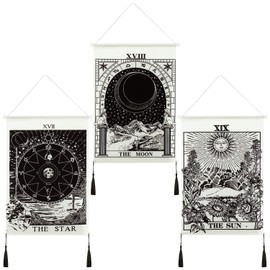 3 Pieces Tarot Card Tapestry Moon Star and Sun Tapestry Sunrise Tapestry Astronomical Theme Tapestry Mountain Tapestry Black and White Art Tapestry Wall Hanging Decoration for Home Room Wall Supplies