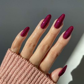 Purple Glitter Press on Nails Medium Almond Shape Acrylic Fake Nails with Salon UV Finish Sparkling Gel Nails Press ons Glossy Flash Glue on Nails Medium False Nails with Designs for Manicure in 24Pcs