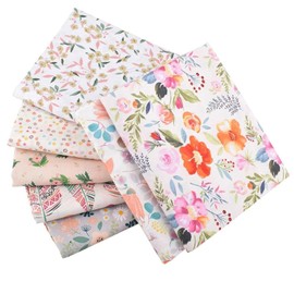 CraftsFabrics 7Pcs/lot White Floral Fabric Bundles 100% Cotton 25x25cm Wide Twill Printed Precut Squares for Quilting, Arts, Crafts, DIY Projects