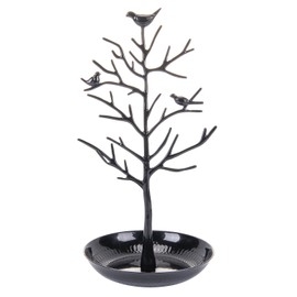 ChezMax Jewelry Display Necklace Earring Organizer Holder Metal Birds Tree Stand with Tray Antique Bracelet Rings Rack Tower Decoration for Women Girl Black 11.8 Inch