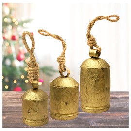 Decorative Christmas Bells Giant Set of 3 - Huge Vintage Harmony Cow Bells Country Rustic Bell on Jute Rope Hanging Golden Bells Lucky Charm (4"-6"-8")