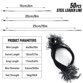 Alwonder 50-Pack Fishing Leaders, Fish Line Stainless Steel Wire with Swivel Snap, High-Strength 30LB Hi-Low Rig Fishing Wire Leader Fishing Tackle Gear Connector for Lures Baits Rigs Hooks Black 10IN