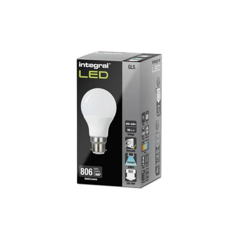 Integral ILGLSB22DF102 8.8w LED Classic Globe GLS, dimmable, 5000K, B22,
