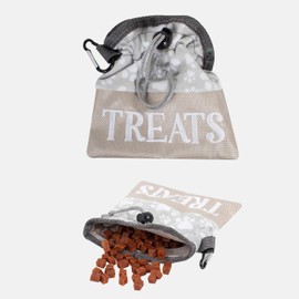 Pet Training Treat Bag with Carabiner Clip & Drawstring Closure, 14cm x 14cm, Assorted Colours Available with Paw Print - Ideal for Outdoor Walks & Training Puppies and Dogs (GREY & WHITE)