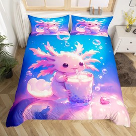 Homemissing Kids Cute Axolotl Bedding Set Double Size Cartoon Salamander DrinSuper King Comforter Cover Set for Boys Girls Kawaii Ocean Sealife Duvet Cover Bedspread Cover Room Decor,No Stuffing