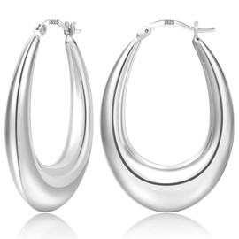 PABBEU Chunky Gold Hoop Earrings for Women, Lightweight 14k Real Gold Plated Hoops Earrings, Hypoallergenic 925 Oval Gold Hoops Earrings, Thick Gold Hoop Earrings for Women Gifts, Silver, No Gemstone