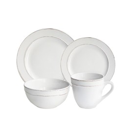 American Atelier Olivia Round 16 Piece Dinnerware Set 4 Dinner and Salad Plates, 4 Bowls, & 4 Mugs, Updated White, 10.4x10.4"