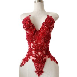 ESOSZNUA Pure Handmade Bodice lace Rhinestones Applique Sewing Stones Beads Crystal Trimming Patches Accessories for Girl Weding Dress Decorations 12.5X21inches (Red)