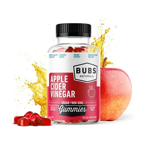 BUBS Naturals Apple Cider Vinegar Gummies - With the Mother - All Natural Vegan ACV Gummy Vitamins - Supports Detox, Digestion - Promotes Energy, Boosts Metabolism, B Vitamins - 60 Count