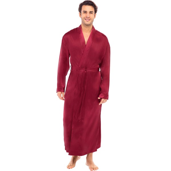 Alexander Del Rossa Men's Lightweight Satin Robe, Long, Large Burgundy