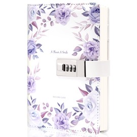CAGIE Diary with Lock for Women Gift Romantic Flower Locking Diary with Combination Passwords Girls Secrets Personal Leather Journal Refillable Paper 114 Sheets, 5.5" x 8.5", Purple Rose