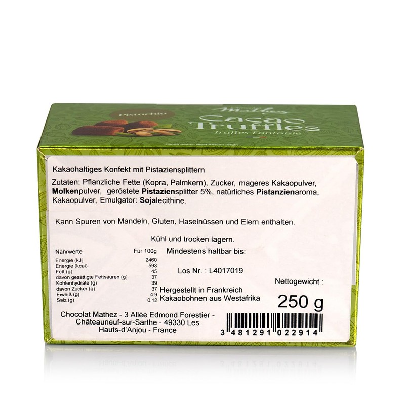 Mathez French Chocolate Truffles with Pistachio, 8.8oz Box