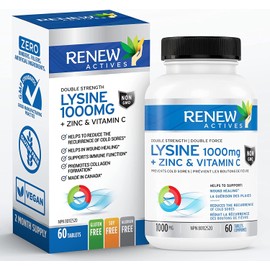 Renew Actives RENEW ACTIVES L-Lysine 1000 mg per Serving with Zinc & Vitamin C C Supports Immune Function, Collagen Formation, Antioxidant Support, & Healthy Skin, Hair, & Nails C Made in Canada C 60 Tablets