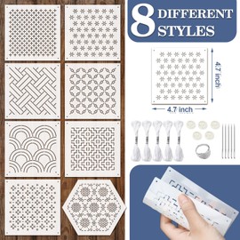 Yousoontic 24 Pcs 4.7 x 4.7 Inch Plastic Sashiko Stencil Kit with Sashiko Thimble and Needles Thread Geometric Sashiko Pattern Template Drawing Line Embroidery Pattern for Hand Quilting and Embroidery