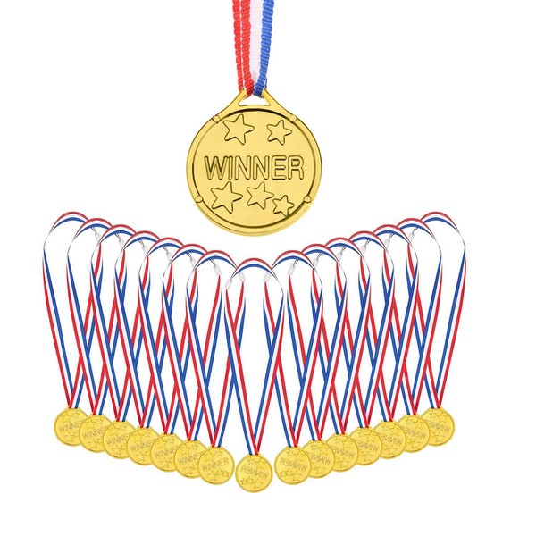 AUERVO 25 Pieces Gold Plastic Winner Medals Kids Children's Party Award Medals with Neck Ribbons for Kids Sports Prizes Party Favors
