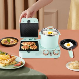 1050W Breakfast Station, 3 in 1Retro Household Breakfast Maker, Electric Mini Toaster Bread Breakfast Sandwich Maker, Breakfast Machine with Frying Pan, Boiling Pot, Food Steamer