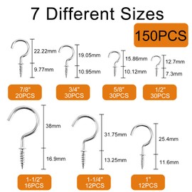 Eupneicu Screw Hooks [Pack of 150], 7 Sizes Screw-In Hooks, Large Screw Hooks for Hammocks, Hanging Chairs, Fixed Cables, Awnings, Hooks Ceiling