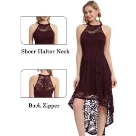 Dressystar Women's Halter Floral Lace Cocktail Dress Hi-Lo Bridesmaid Party Dress with Sheer Neckline 2028 Burgundy M