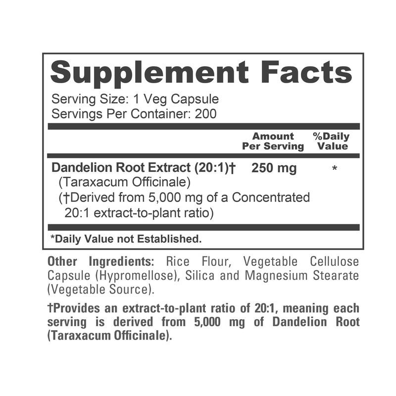 NusaPure Dandelion Root 20:1 Extract, 250 mg Equivalent to 5000mg